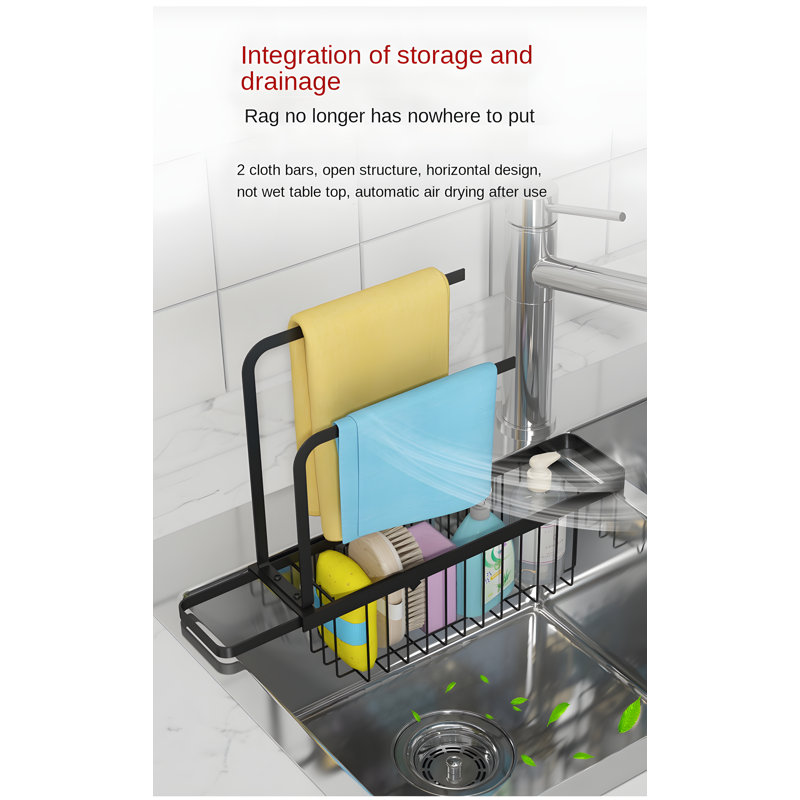 Adjustable Kitchen Sink Dish Drying Rack With Expandable Design, Space-Saving Organizer For Sponges And Utensils