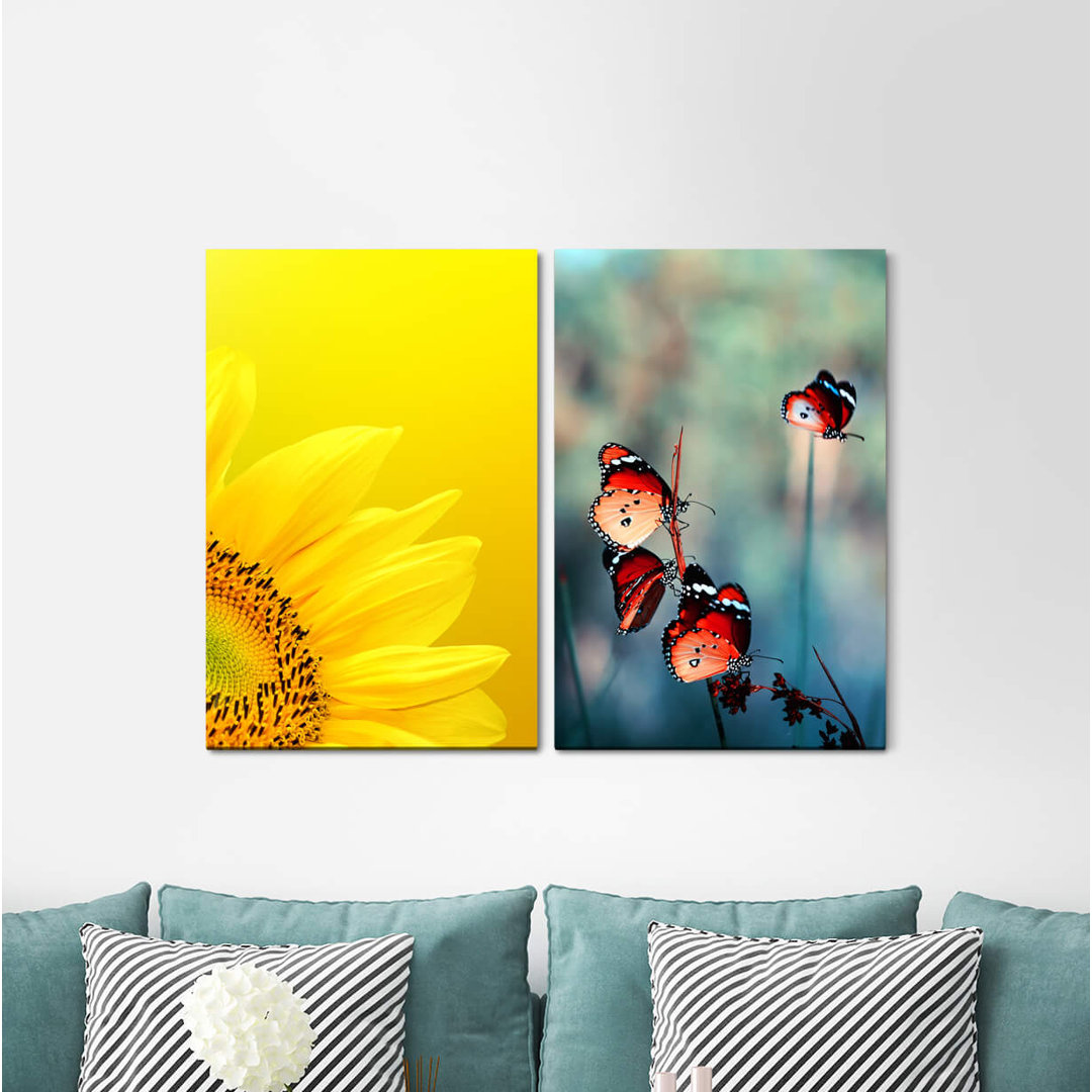 2-tlg. Leinwandbilder-Set - Fotografie „Sunflower Yellow Butterflies Summer Spring”