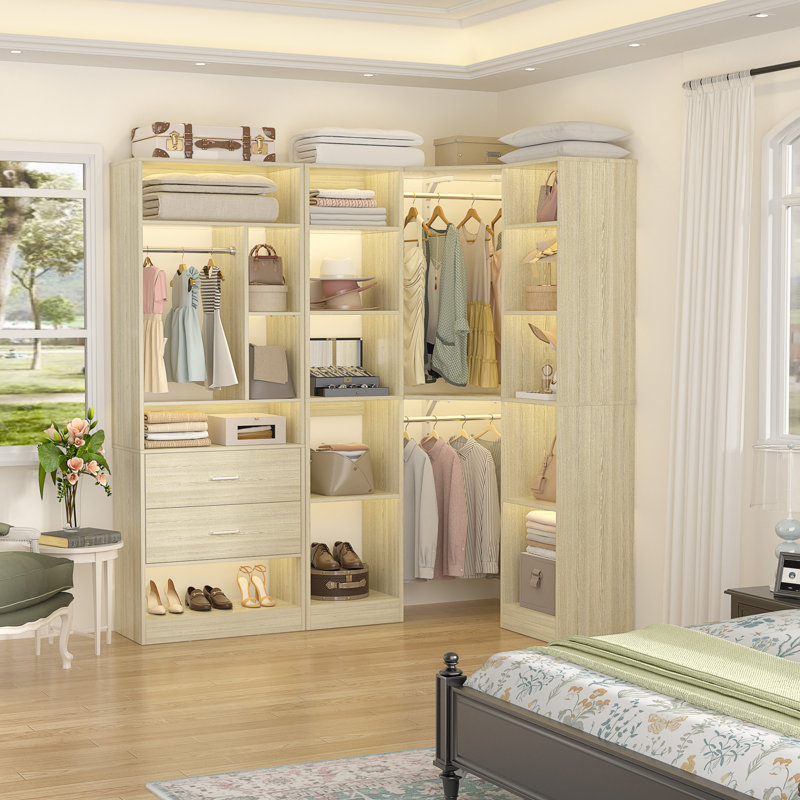 63.2" L X 39.2" W X 80" H Corner Closet System,Freestanding Closet Organizer System With 2 Drawers & 12 Shelves, Beige
