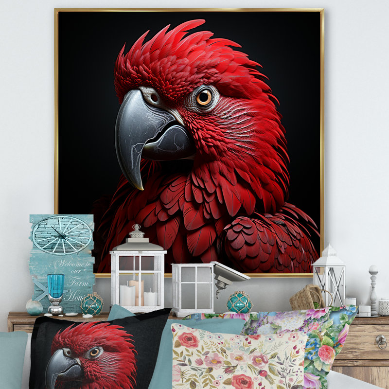 Crimson Elegance, perroquet tropical encadré sur toile, H 24 po x l 24 po x P 1 po, Cadre flottant doré