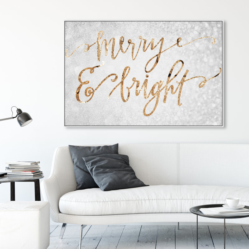 «Merry and Bright», reproduction d'art textuel sur toile tendue, L 45 po x H 30 po, Cadre blanc
