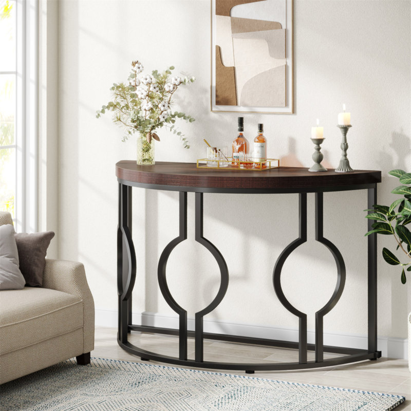Console demi-lune pour le hall d'entrée, canapé industriel semi-circulaire de 43 pouces avec base géométrique, table d'appoint en bois pour le salon, couloir, vestibule, entrée, brun rustique