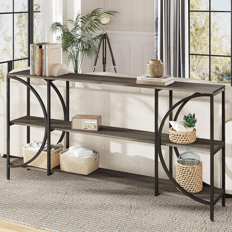 Console de 70,9 pouces, table d'entrée de ferme avec tablettes à 3 niveaux, longue console pour le couloir du salon, bureau gris