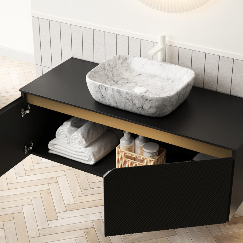Préférence de meuble-lavabo et d'évier de salle de bain 48,66 pouces, ensemble d'armoire de rangement en contreplaqué, récipient en céramique à motif de marbre, traitement de surface en pierre frittée noire, portes doubles en sergé avec garnitures en métal,