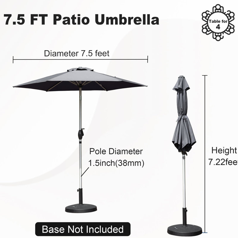 Parasol de patio de 7,5 pi avec bloc et fonction imperméable, système de manivelle Easy Tilt pour table d'extérieur, 6 nervures solides pour le jardin, la terrasse, la cour arrière, matériau de protection gris piscine, manivelle lisse, robuste