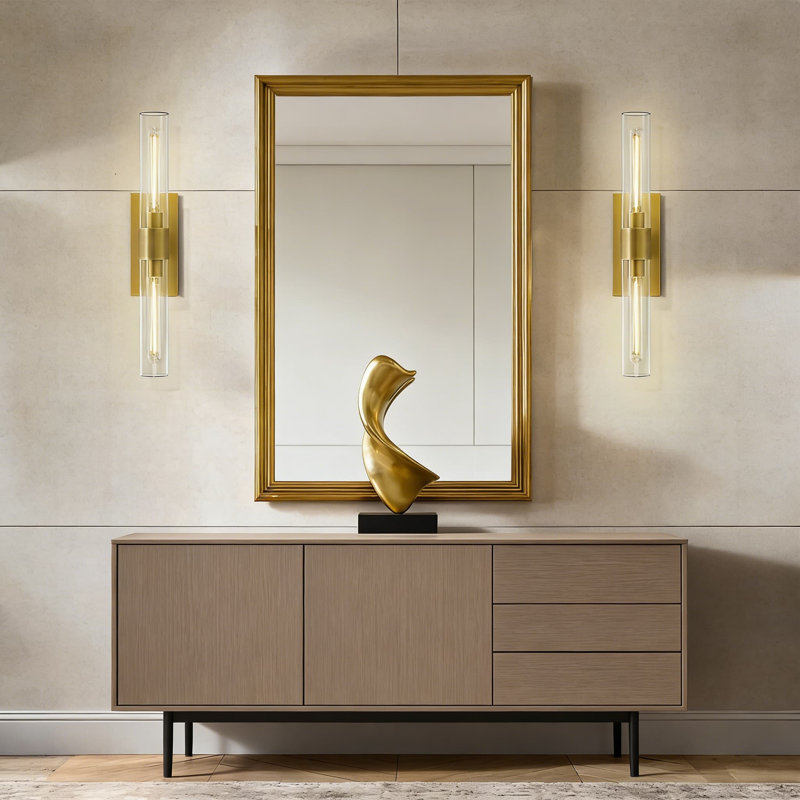 Ensemble de 2 appliques murales en laiton à 2 lumières à intensité variable avec abat-jour en verre transparent, applique en tube pour le salon, le couloir et le miroir de salle de bain