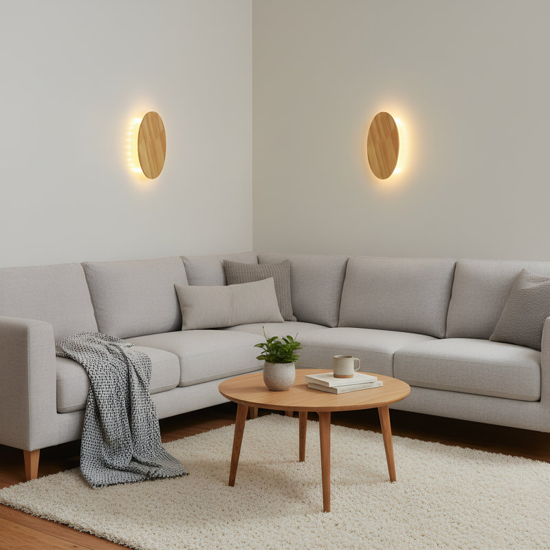 Modern Wall Sconces, Round Wood Led Wall Lamp, 25w, 2500lm Wall Light For Bedroom (set Of 2)