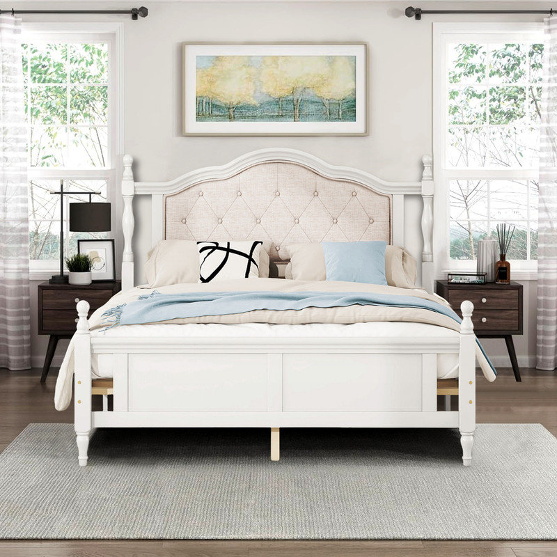 Dorwin Queen size solid wood bed with upholstered headboard and footboard, White