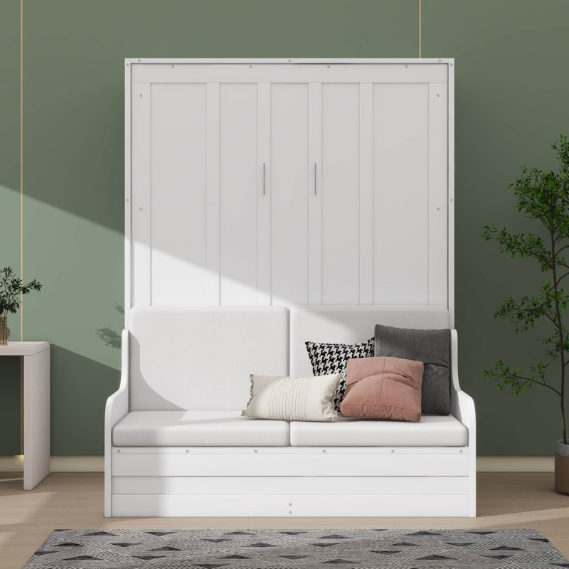 Queen Size Wall-Mounted Murphy Bed With Cushion, Wooden Foldable Bed Frame Transforming Into Sofa, Blanc