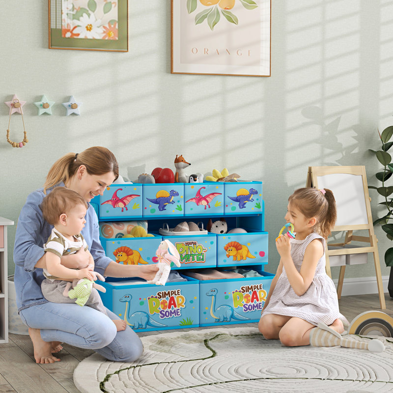 AIYAPLAY Kids Toy Storage Unit 3-Tier Toy Organiser Shelf 9 Boxes Blue