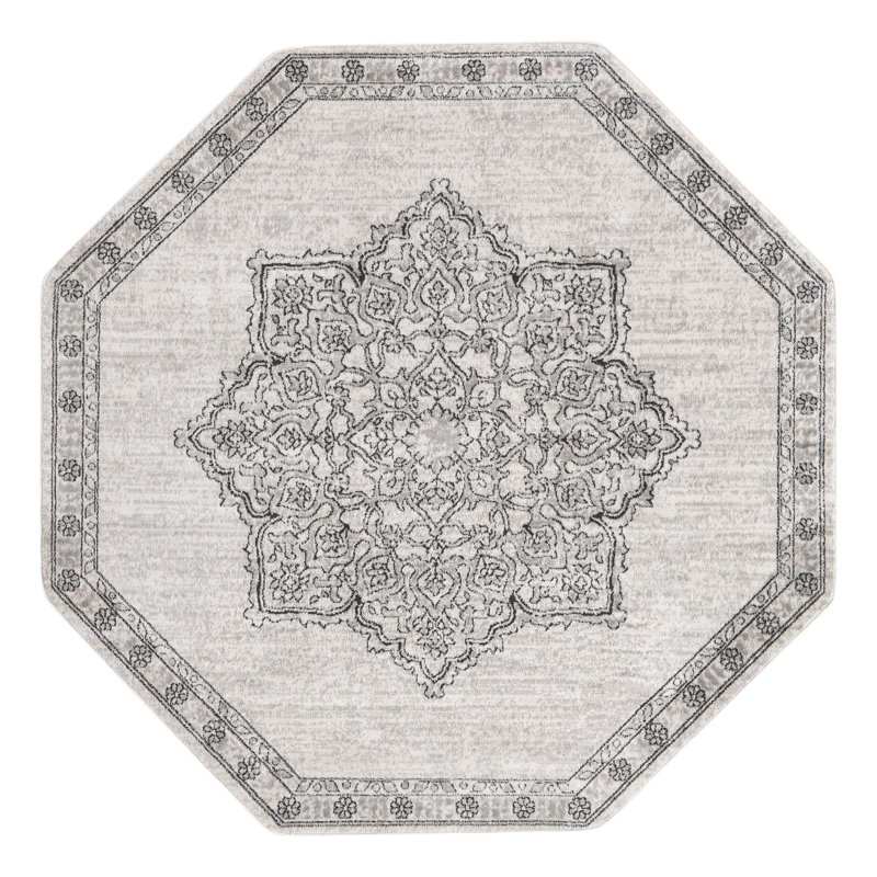 Tapis abstrait ivoire / noir Longe, Octogone 7 pi x 7 pi