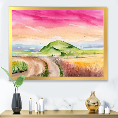 Paysage avec champ d'herbe et ciel rose - reproduction sur toile