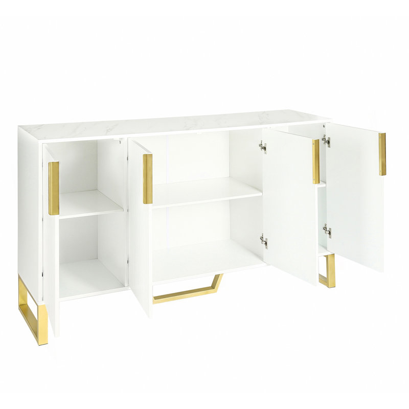 Modern Sideboard With Four Doors, Metal Handles & Legs And Adjustable Shelves Kitchen Cabinet (White), White