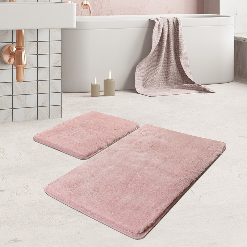 Luxurious Acrylic Bathmat Set (2 Pieces) in Soft Pink | Antibacterial, Non-Slip Design | 19.7 x 23.6 in & 23.6 x 39.4 in | 100% Acrylic, 1.5 lbs/ft² | Machine Washable at 30°C | Ideal for Bathroom Comfort and Safety