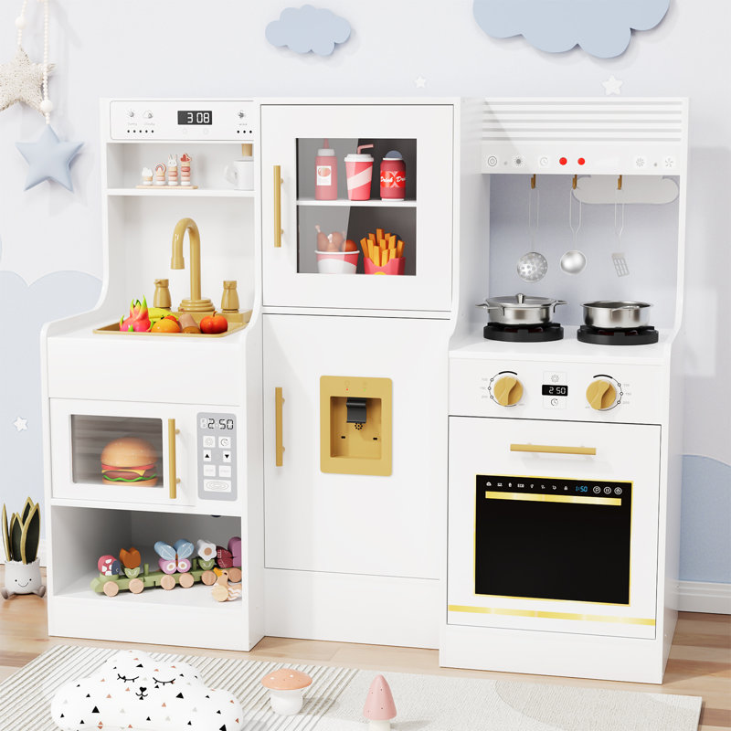 Wooden Play Kitchen For Kids, Toy Kitchen Sets With 6-piece Kitchenware, Sink & Stove, Water Dispenser & Hood With Lights & Sounds - Ages 3+(white)