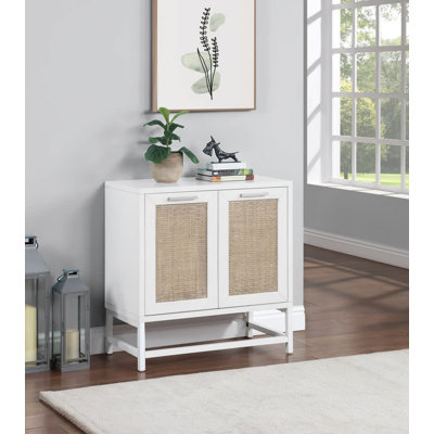 Wooden 2 Door Room Cabinet With Brown Woven Rattan Doors And Metal Base