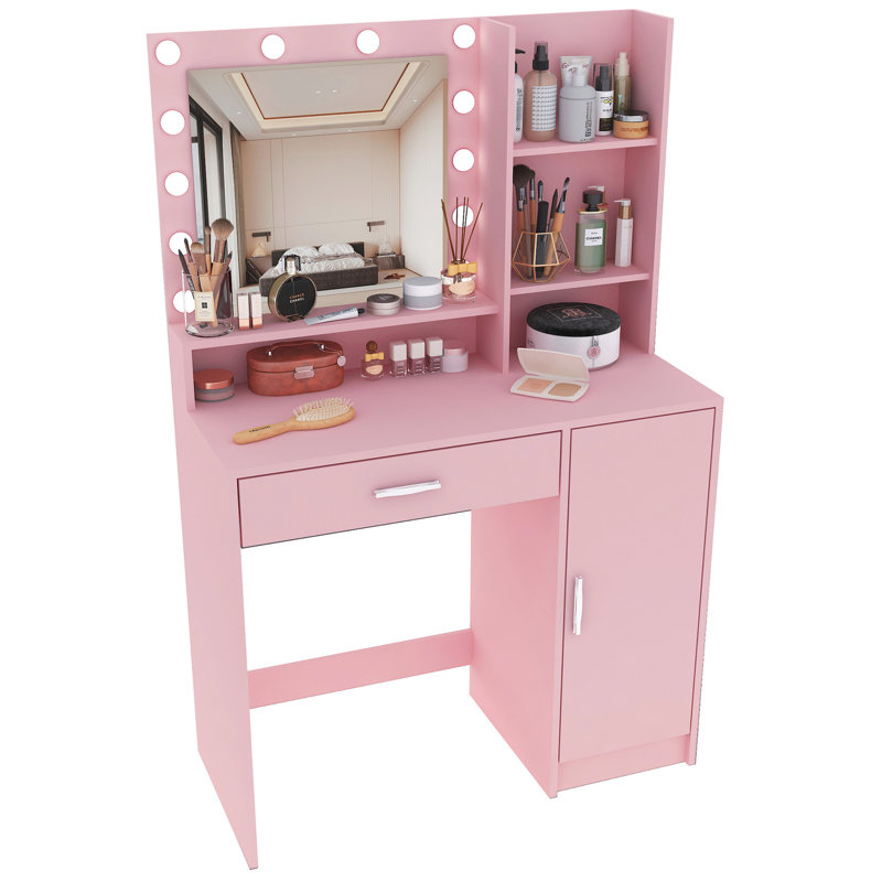 Coiffeuse de chambre à coucher, luminosité et couleur réglables, rangement spacieux, table blanche avec lumières miroir - grand tiroir