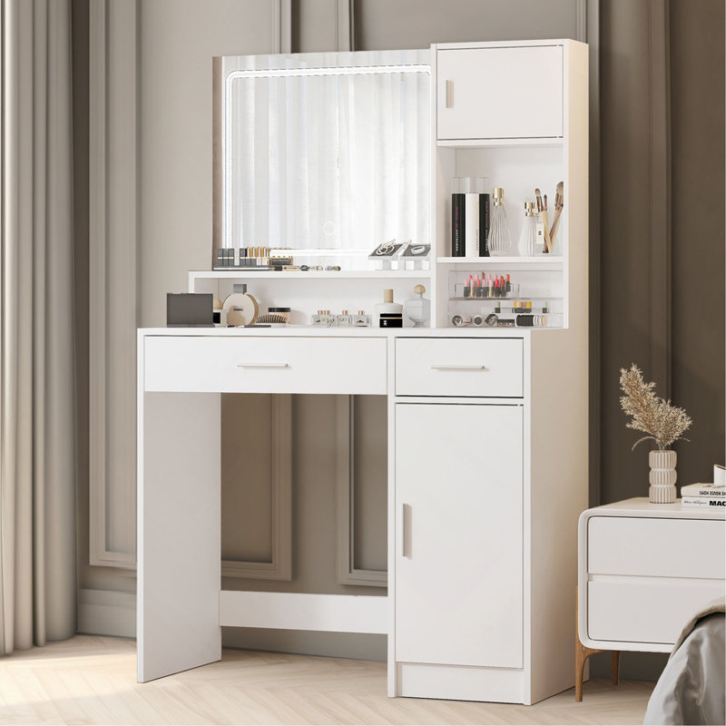 Vanity Desk with LED Mirror, Large Drawer, and 3-Tier Storage Shelf  3 Lighting Modes, White 1
