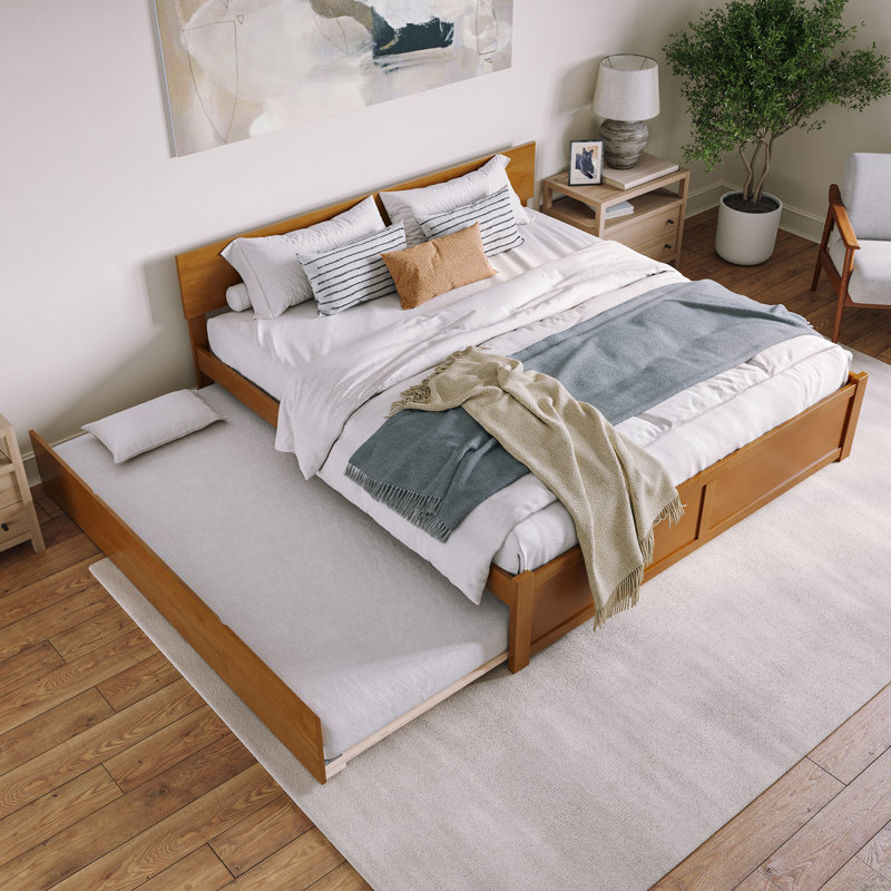 Orlando Solid Wood Platform Bed with Panel Footboard & Trundle, King