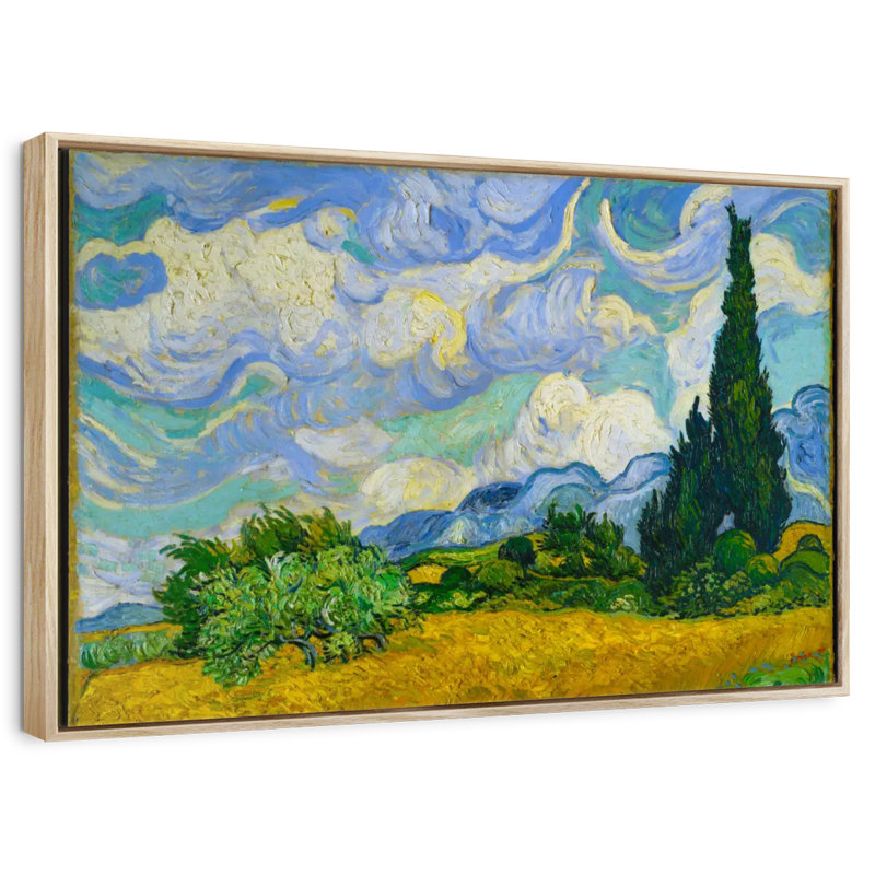 Wheat Field With Cypresses, 25" X 17", Floating Frame Natural Wood