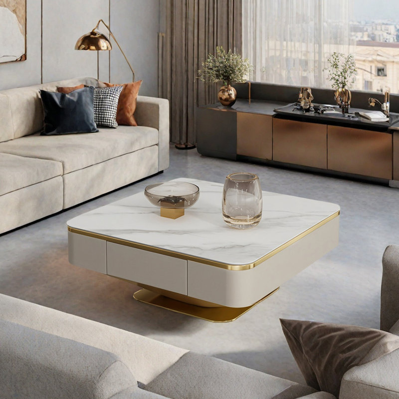 Table basse Italian, Blanc / Gris, H 15,4 po x L 31,5 po x l 31,5 po, Doré