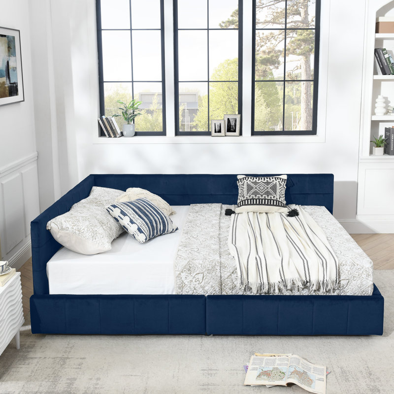 Queen Size Upholstered Tufted Storage Bed Frame, Velvet Sofa Bed with Backrest & Armrests, Dark Blue, Dark Blue