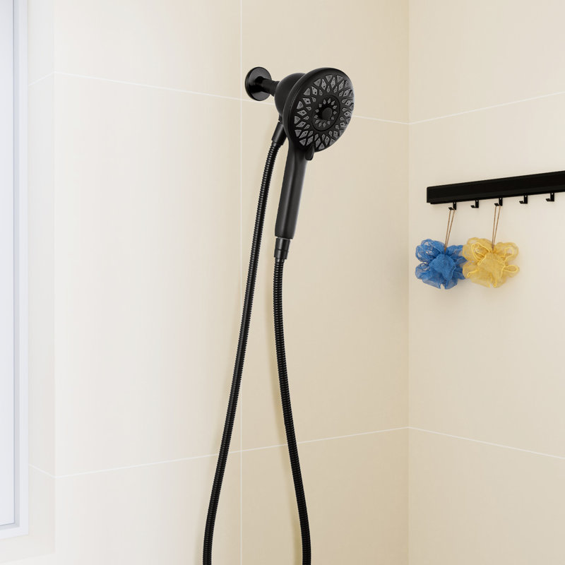 Tête de douche haute, 6 options de jet, douchette à main noir mat, tuyau en métal de 60 pouces, forme ronde pour une distribution uniforme de l'eau dans la salle de bain