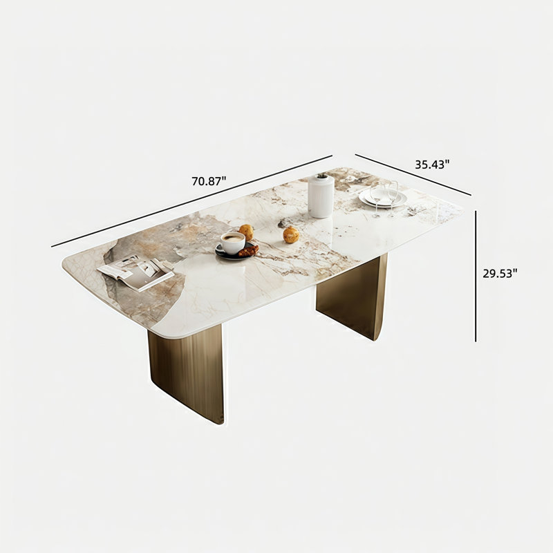 Luxury Sintered Stone Dining Table with Brass-Toned Curved Base: Modern Marble-Effect Centerpiece for Elegant Dining Spaces