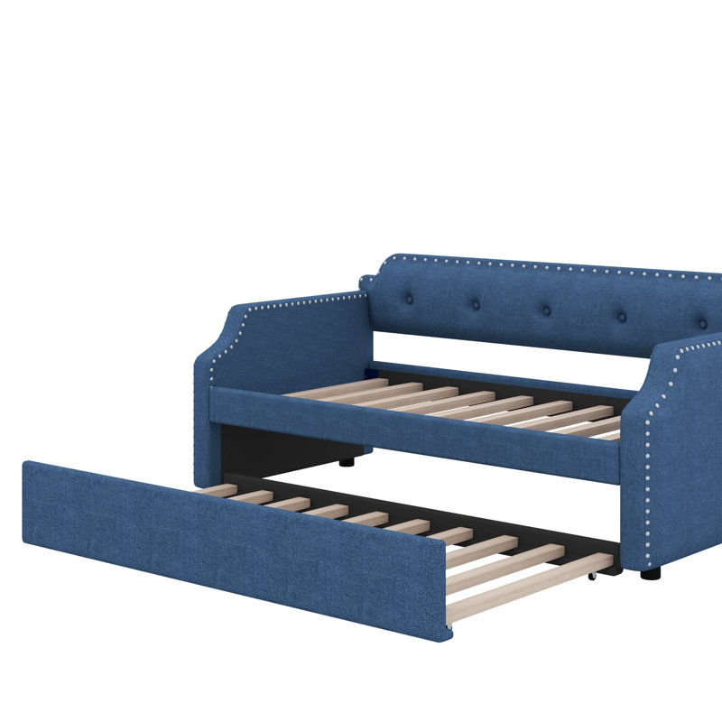 Twin Size Upholstered Daybed With Trundle, Blue