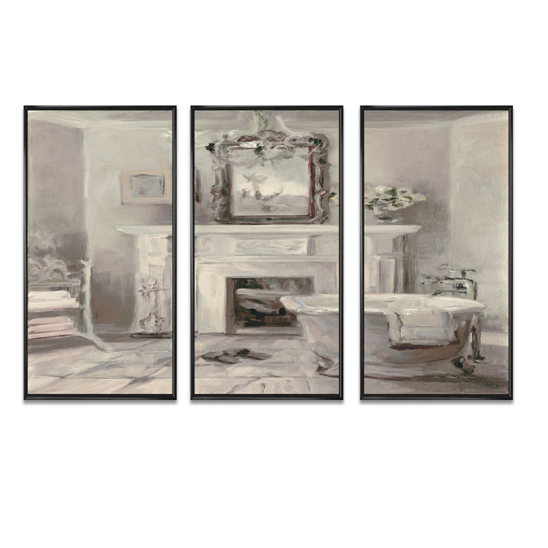 «French Bathroom Vintage I», ensemble d'art mural sur toile encadré traditionnel, H 28 po x l 36 po x P 1 po, Cadre noir