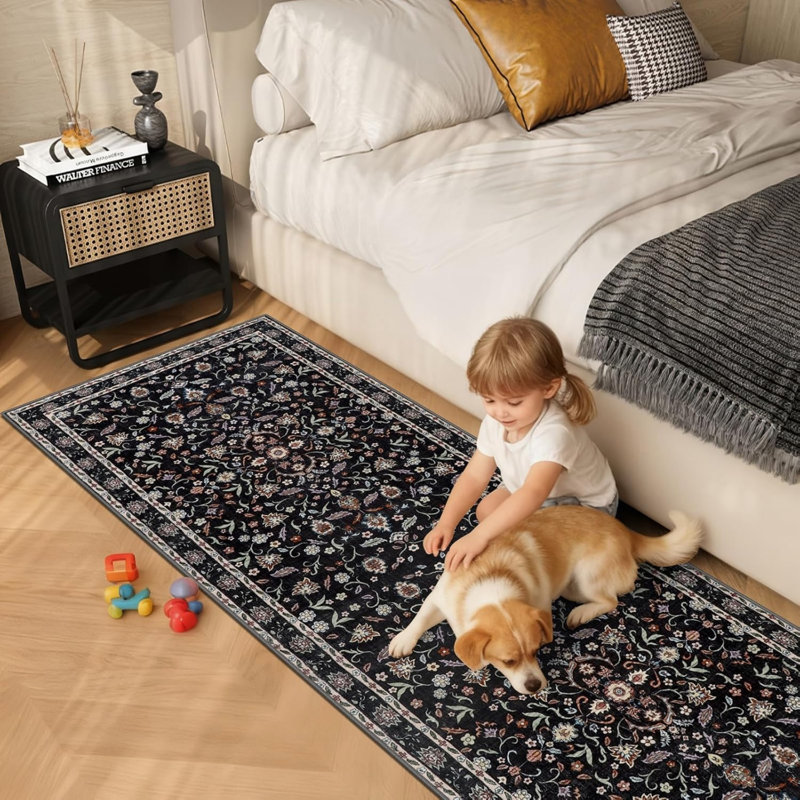 Rectangle 65 cm x 180 cm Floral Faux Fur Area Rug, Black