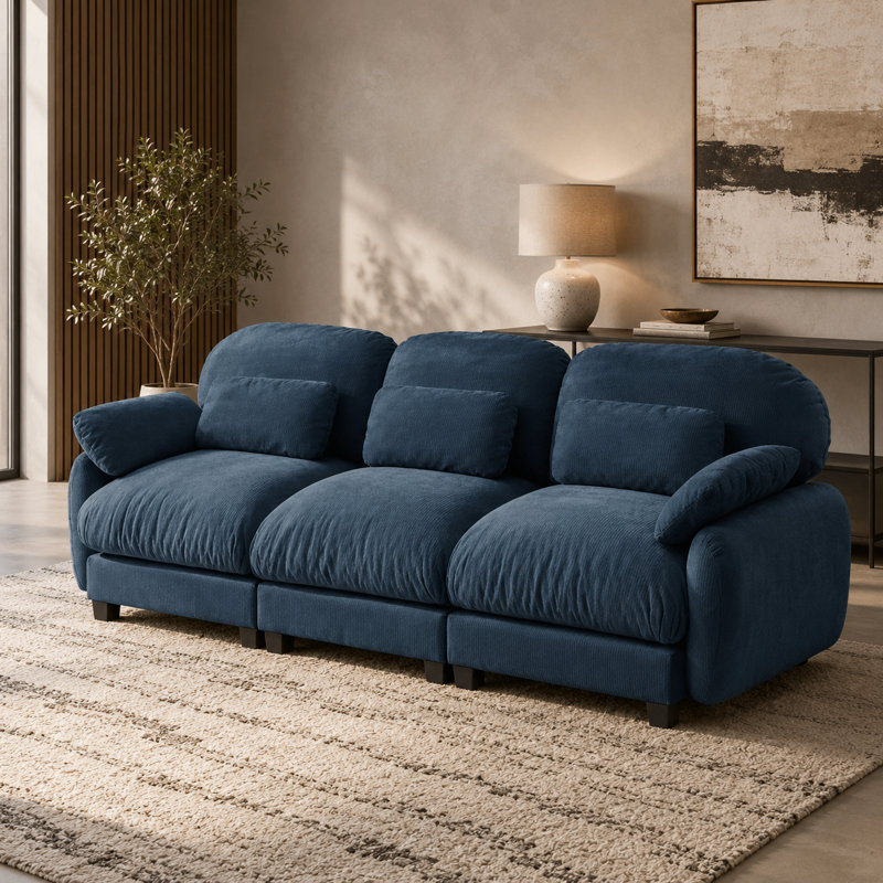 Canapé modulaire en chenille 3 places avec sièges profonds, coussins de style nuage et coussins lombaires Sarvis, bleu, Bleu