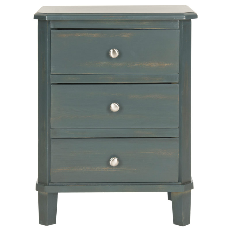 25'' H Joe Pine End Table - 3 Drawer Nightstand with Silver Pulls, Stylish Farmhouse Bedroom Storage, Dark Teal
