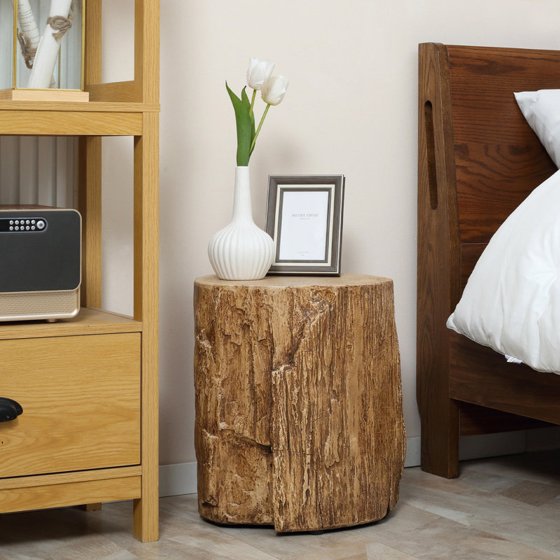 Javeah Tree Stump Stool, Decorative Side Table With Round Tabletop, Concrete End Table With Wood Grain Finish, For Indoors And Outdoors