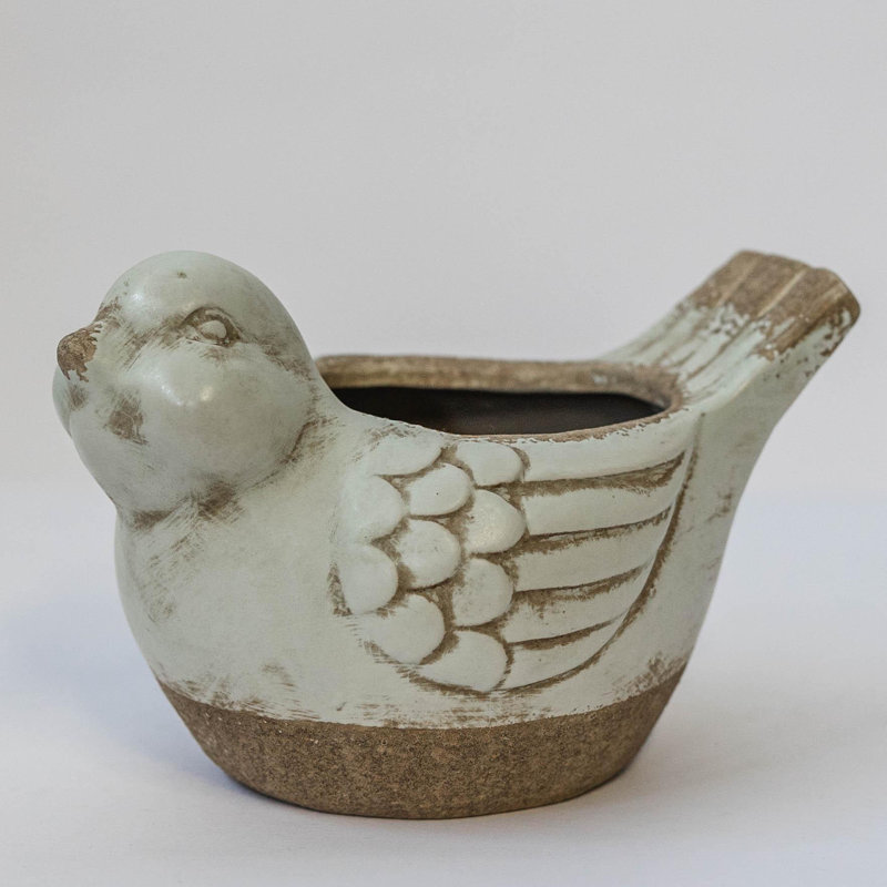 Pot à fleurs rustique vert clair et beige en forme d'oiseau