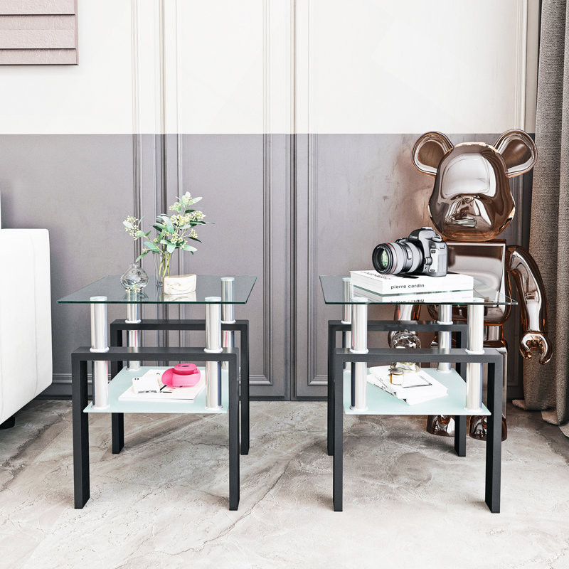 Table de bout moderne en verre trempé, table de bout, table carrée pour le salon, transparent, Noir