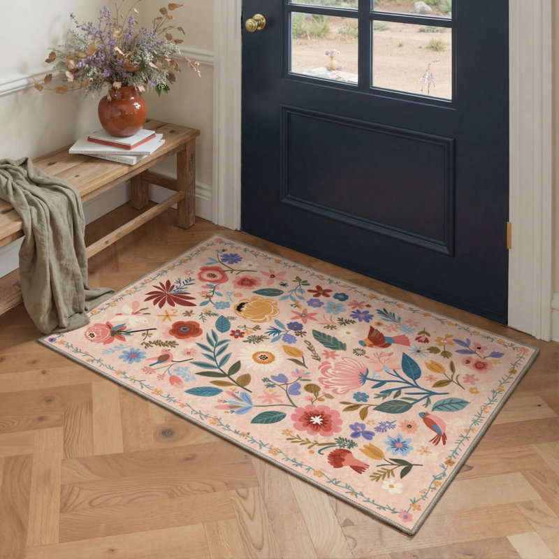 Aarna Aura Floral Machine Washable Pink Indoor Area Rug with Non-Slip Backing, Rectangle 8' x 10'