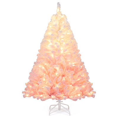 Arbre de Noël artificiel 5 pi avec 180 lumières DEL blanc chaud, 8 modes d'éclairage et base pliante en métal blanc et rose
