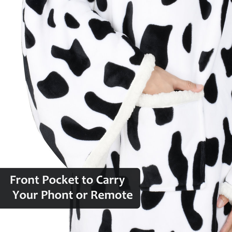 Catalonia Cow Print Sherpa Wearable Blanket with Sleeves and Foot Pockets