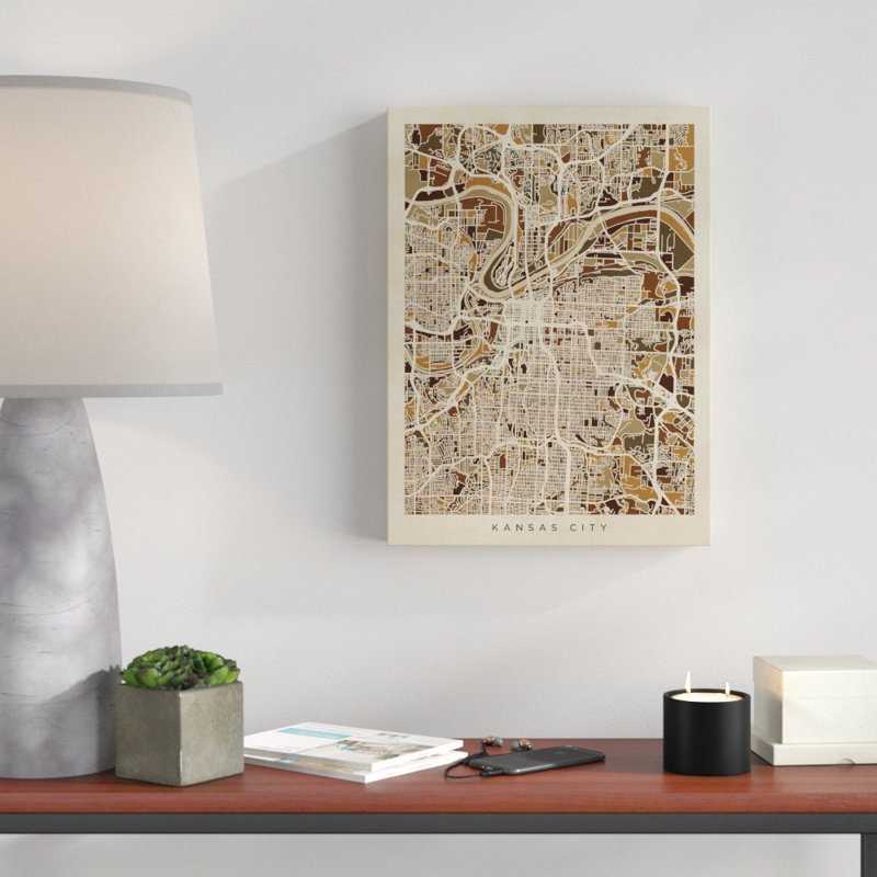 « kansas city missouri city map brown », impression sur toile tendue, H 47 po x l 35 po x P 2 po