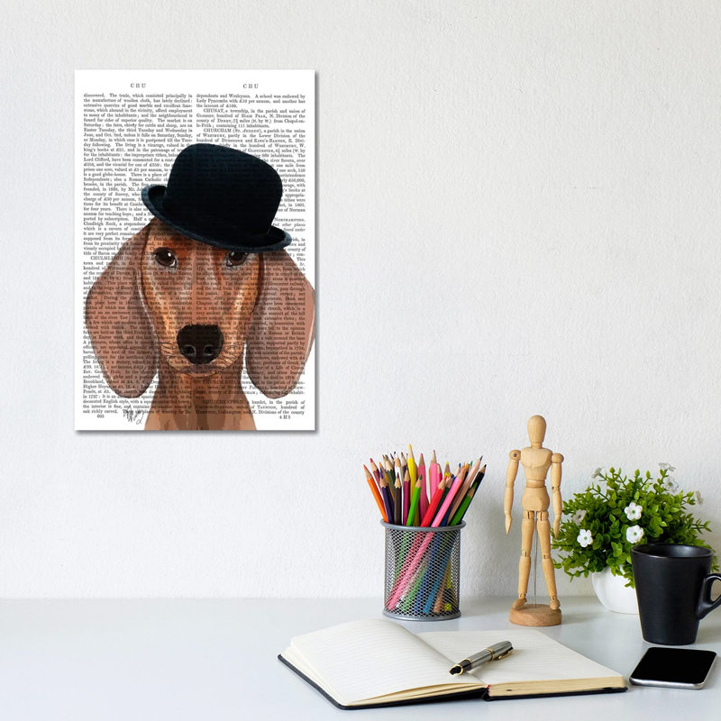 Dachshund With Black Bowler Hat by Fab Funky - Wrapped Canvas Print, 20.32 cm H x 30.48 cm W