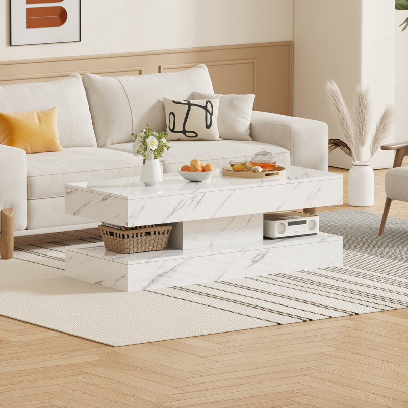 47.2 Inch Coffee Table with LED Lights, Modern High-Gloss Open Shelf Design, 2-Tier Floating Center Table with Illumination, Large LED Coffee Table for Living Room(White)