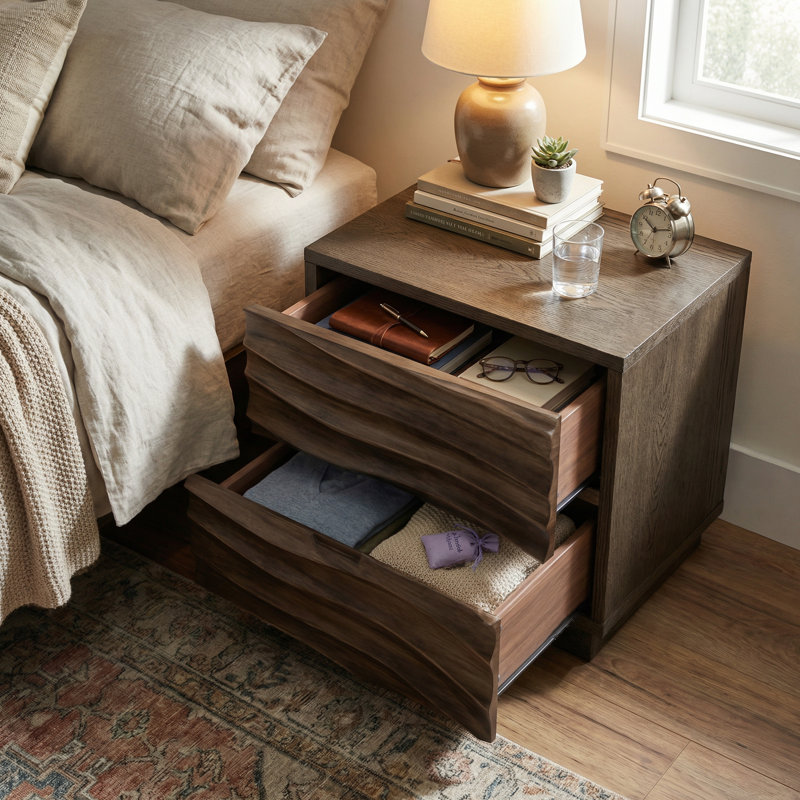 Solid Wood Renley With 2 Drawers, Handle-Free Bedside Table, Sofa End Table For Living Room & Bedroom, Available In 2 Colors