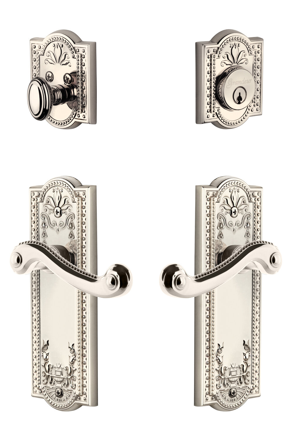 Fifth Avenue Tall Plate Entry Set with Bellagio Lever in Lifetime Bras -  Grandeur Hardware