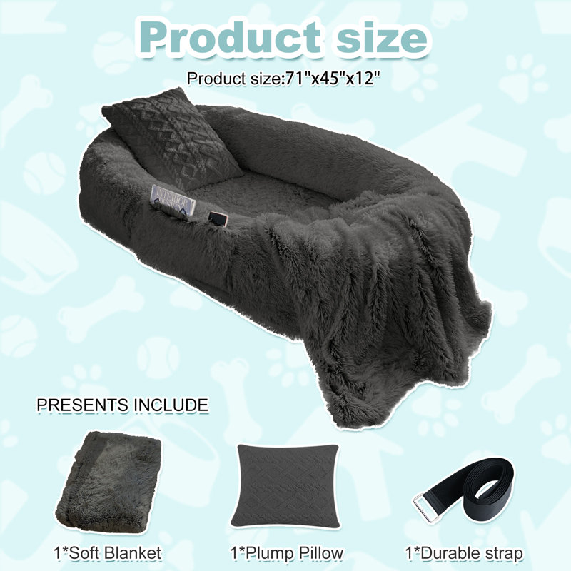 Lit pour chien humain - 71 po x 45 po x 12 po qui s'adapte à vous et aux animaux de compagnie, similifourrure lavable, orthopédique, coussin moelleux, couverture, sangle - gris foncé