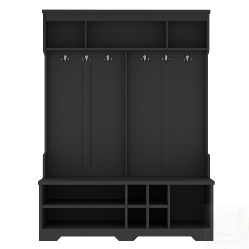Modern Hallway Hall Tree With Metal Hooks And Storage, Multi-Functional Entryway Organizer, Black