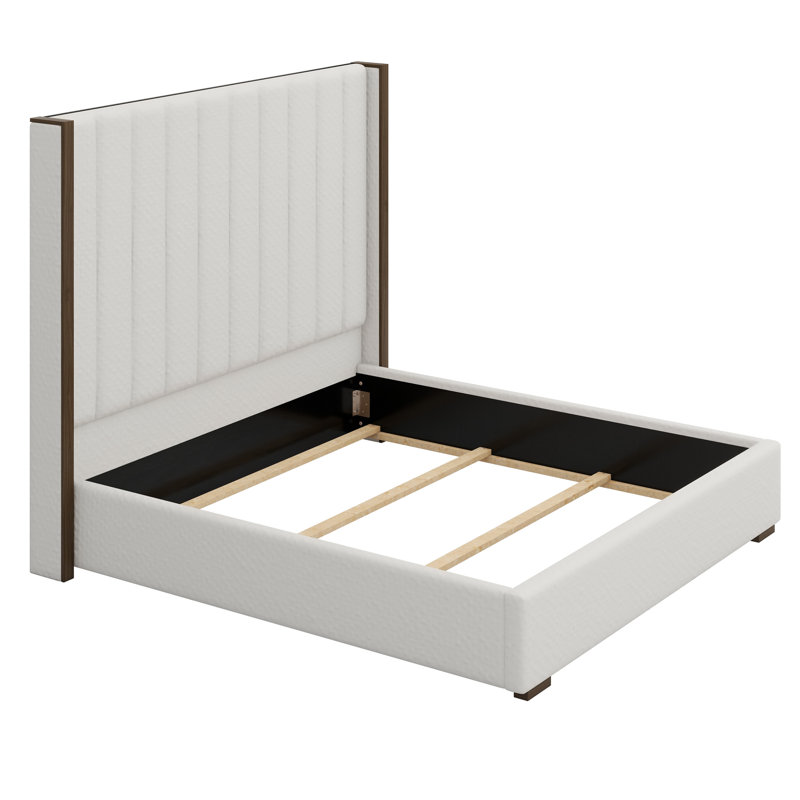 Tall Headboard Upholstered Bed With Vertical Striped And Wingback Design