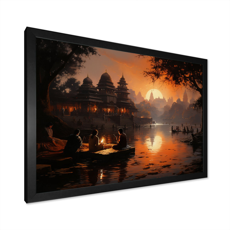 Hinduisim Sunset Aarti II - Spiritual Wall Art Prints, H 24 po x l 32 po x P 1 po, Cadre photo noir