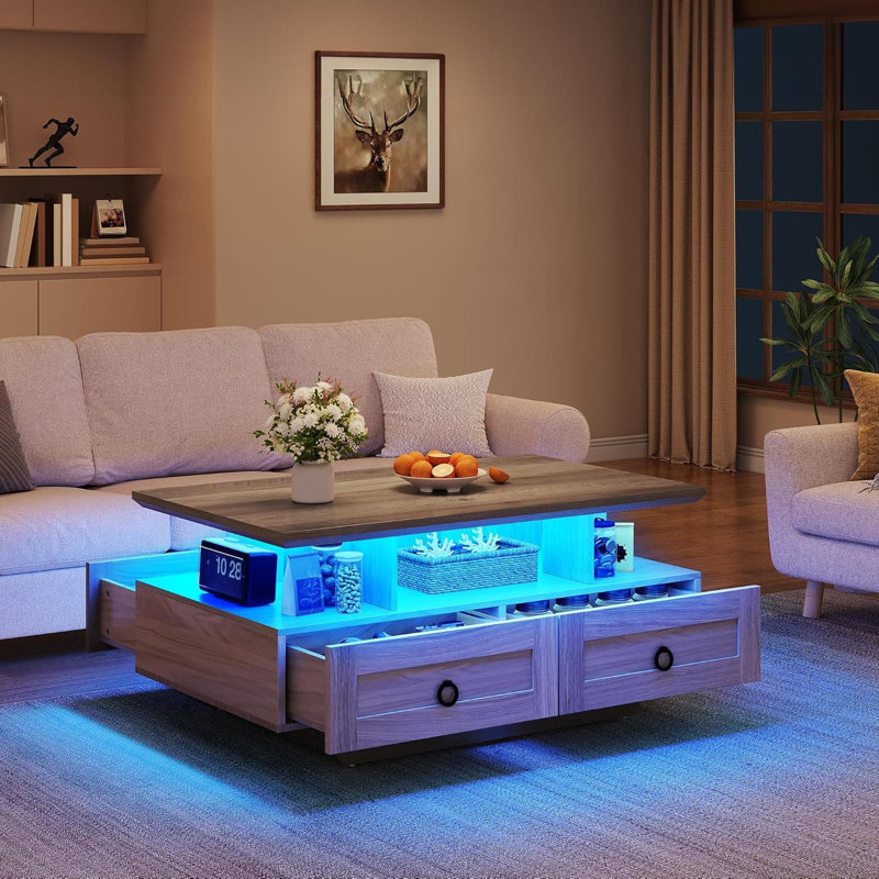 Table basse Farmhouse à DEL avec tiroirs de rangement et éclairage multicolore, table de cocktail industrielle en bois avec tablette ouverte pour le salon