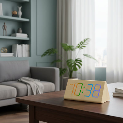Wooden Digital Desk Alarm Clock, USB Port, Volume & Brightness Adjustable Snooze For Heavy Sleepers